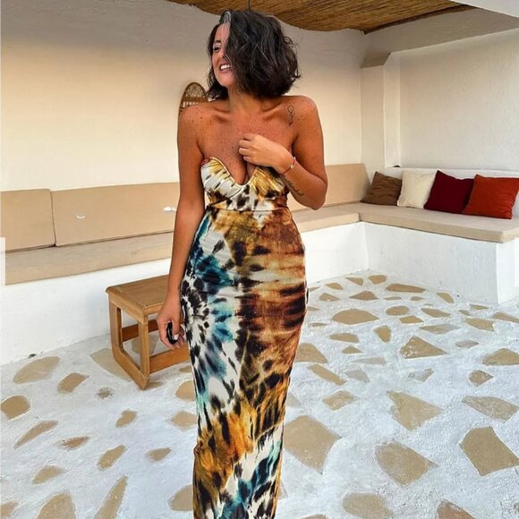 Zara Tulle Tie Dye Strapless Form Fitting Midi Maxi Dress Bloggers Fave, Size S - Picture 7 of 16